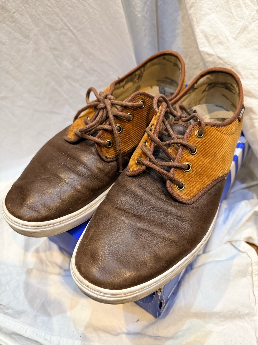 Vans - Men's Brown Leather & Tan Corduroy Lace-Up Sneaker 9.5